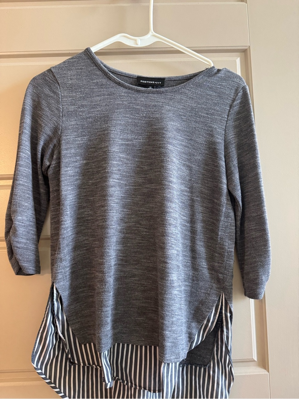 Fortune + Ivy Gray Layered Knit Blouse with Striped Hem